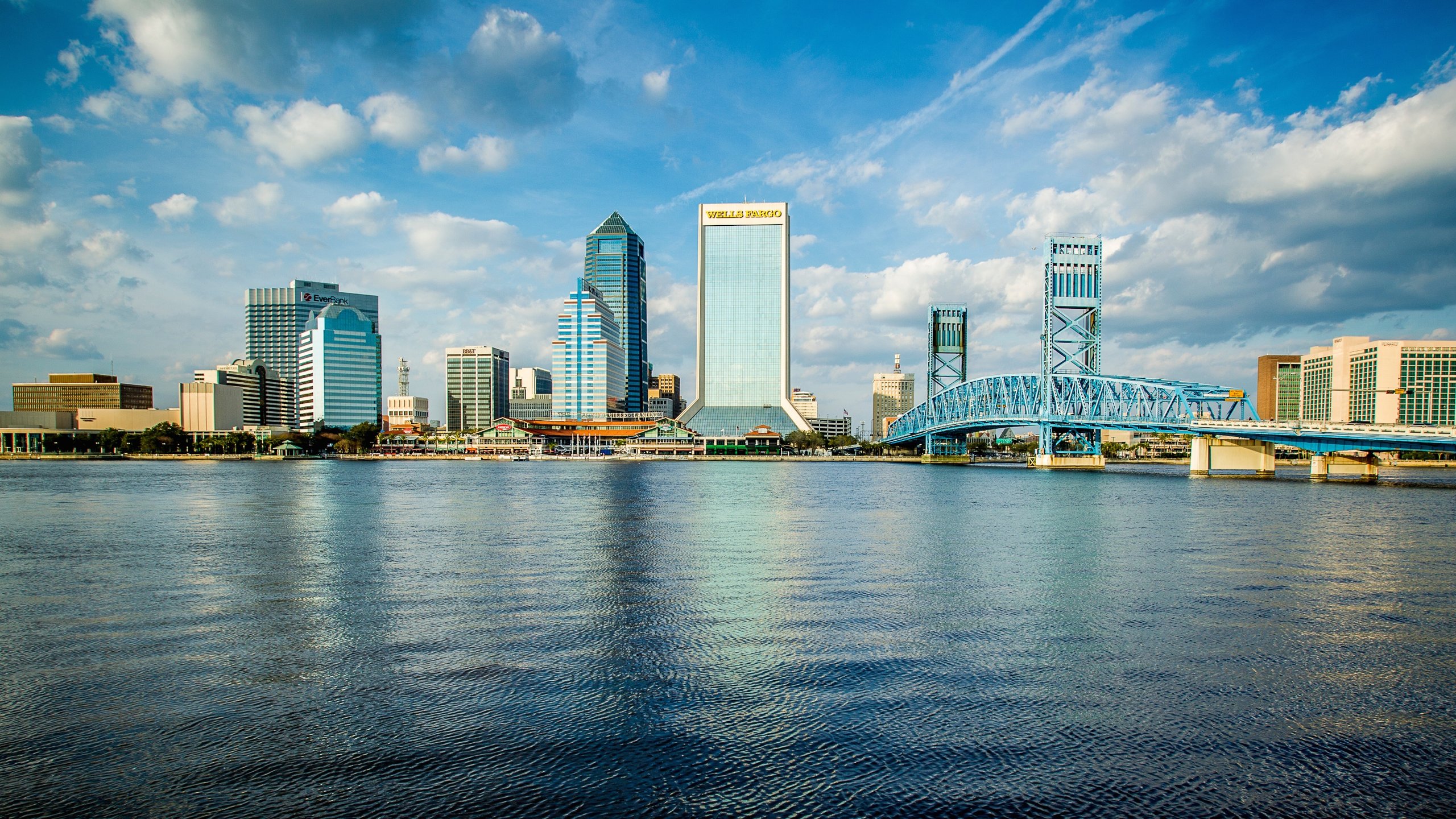 Downtown Jacksonville showing a river or creek, skyline and a city