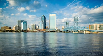 Downtown Jacksonville showing a river or creek, skyline and a city