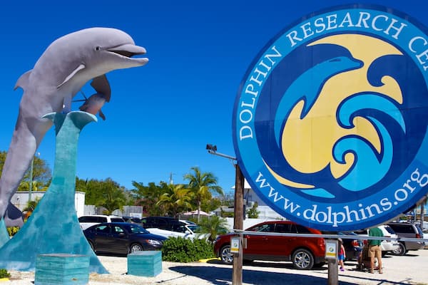 Dolphin Research Center mit einem Beschilderung und Statue oder Skulptur