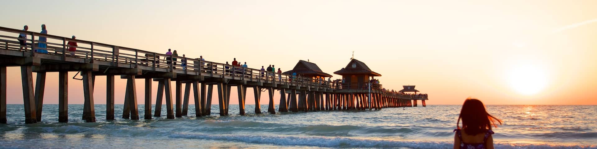 Naples Pier featuring a beach and a sunset as well as an individual child