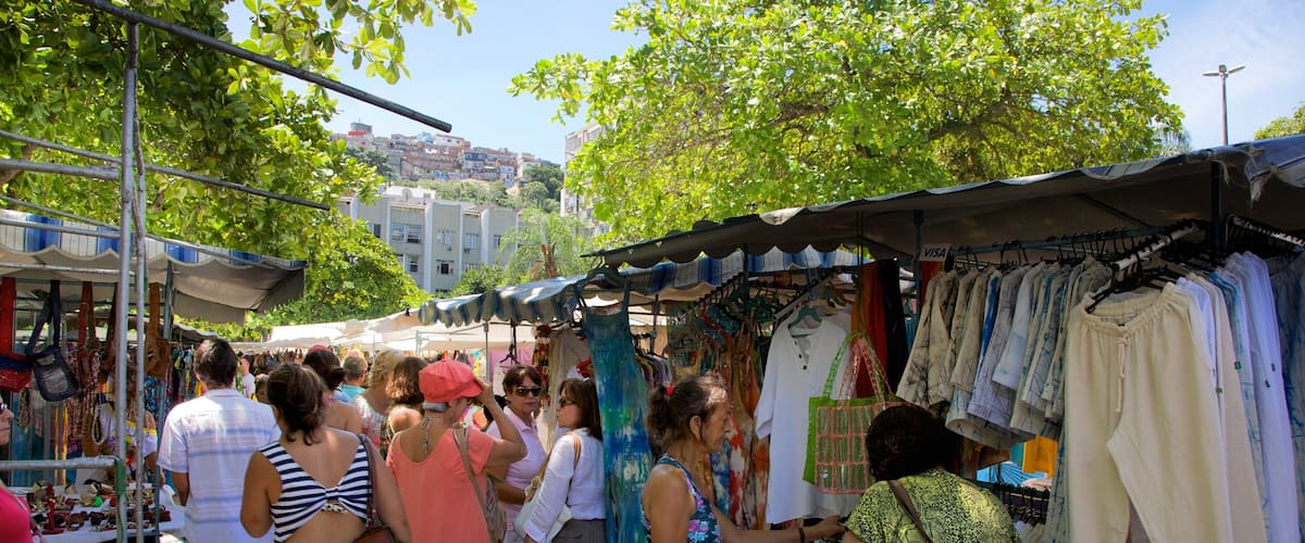 Ipanema which includes markets as well as a large group of people