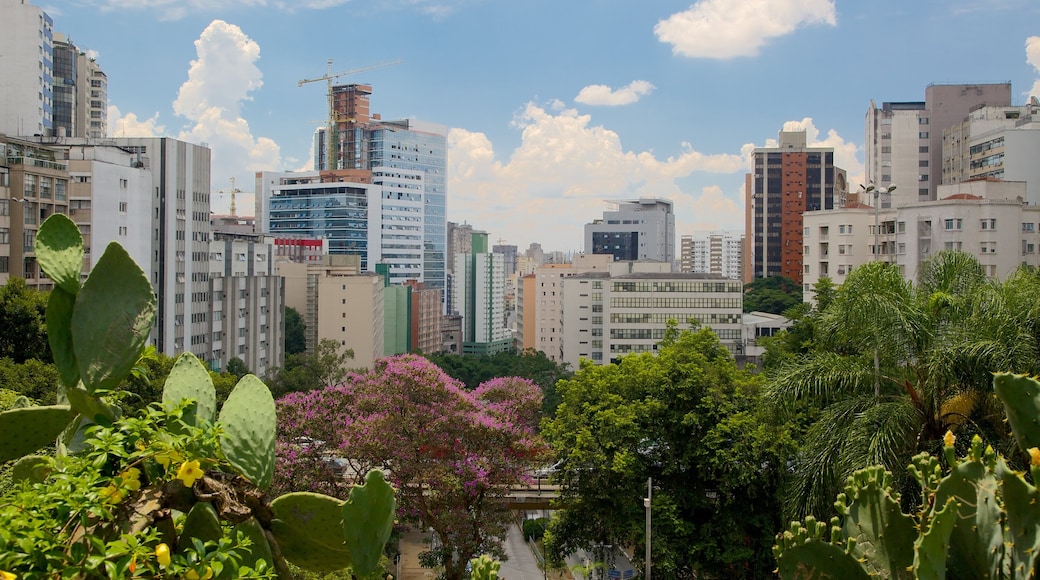 Museum of Modern Art showing a city, a high-rise building and a garden