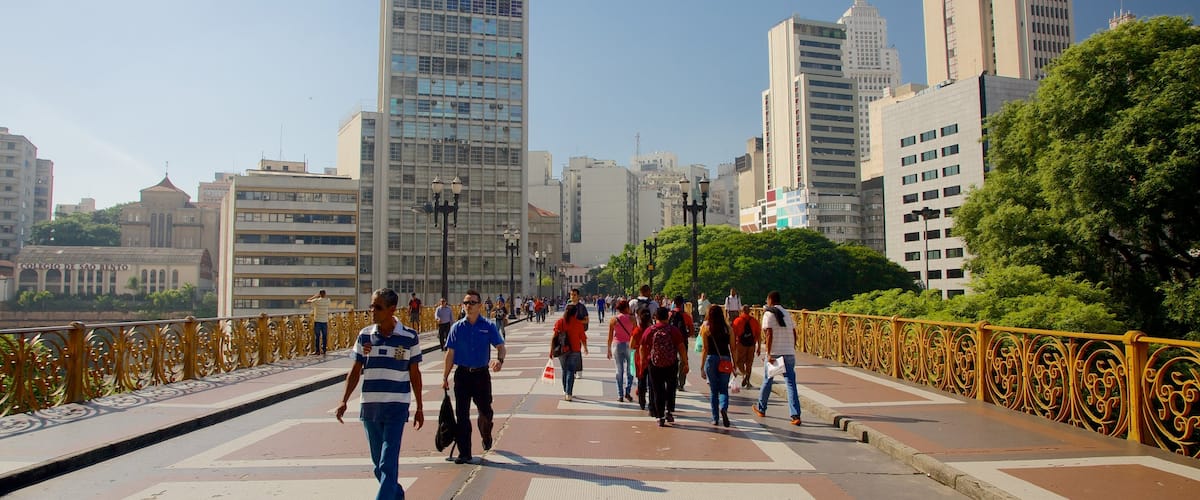 Viaduto do Cha featuring a city as well as a large group of people