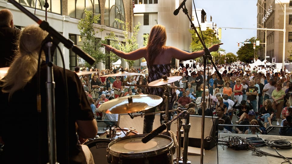 Rochester showing performance art, a city and music