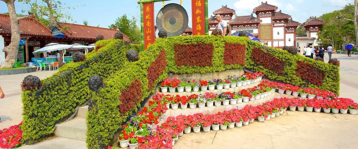 Guanyin Statue of Hainan showing a square or plaza, flowers and a monument