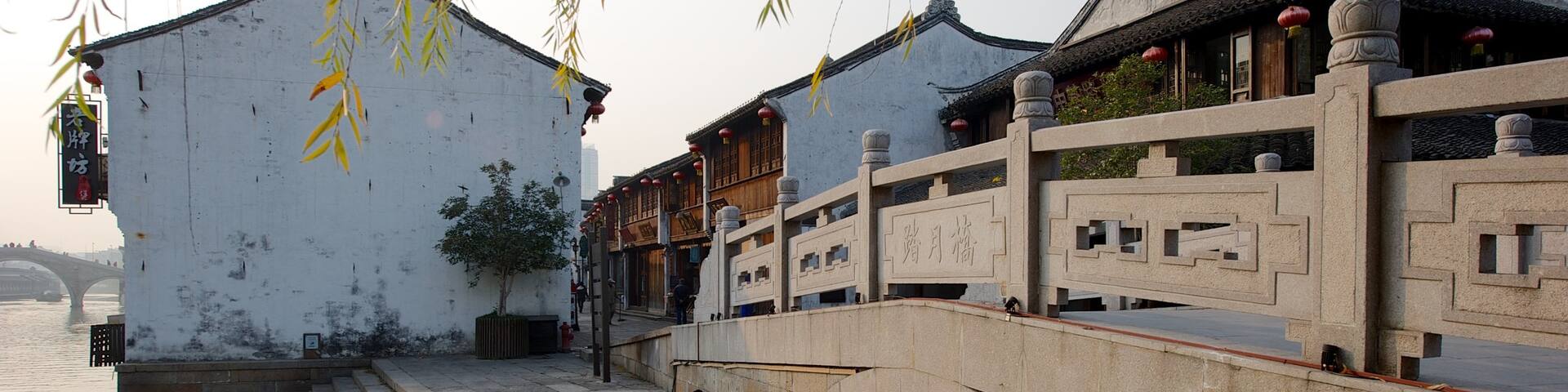 Jiaxing showing a small town or village, heritage architecture and a bridge
