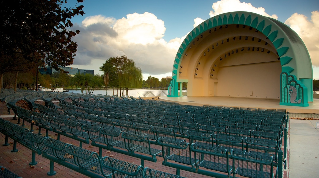 Lake Eola Park which includes a garden and theatre scenes