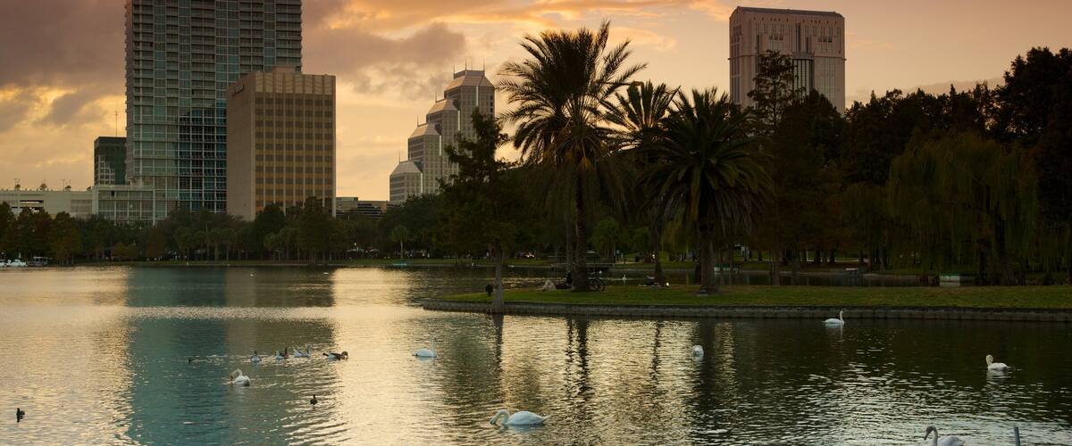 Lake Eola Park featuring a city, a sunset and a lake or waterhole
