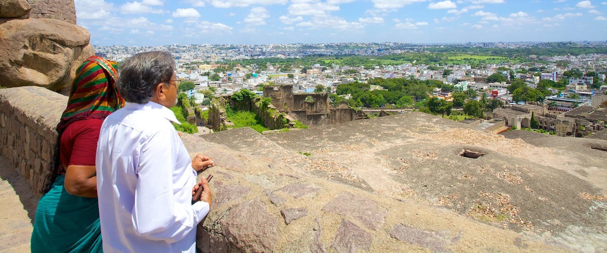 Golconda Fort which includes views and a city as well as a couple
