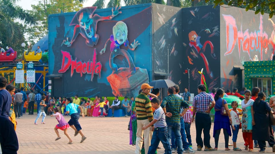 Nicco Park featuring rides and a garden as well as a large group of people