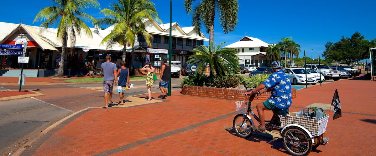 Broome which includes a coastal town, cycling and a city