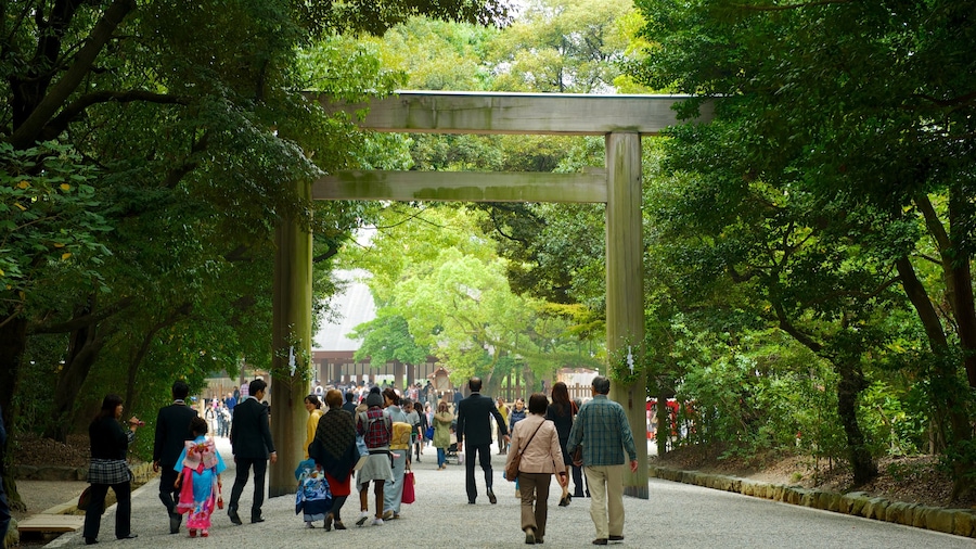 Atsuta Jingu Shrine showing a park and street scenes as well as a large group of people