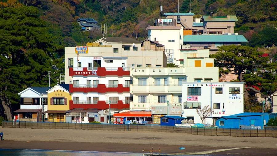 Toi Beach which includes a sandy beach and a small town or village