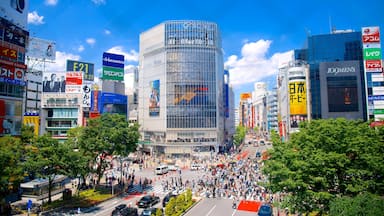 Shibuya welches beinhaltet Hochhaus, Stadt und Beschilderung