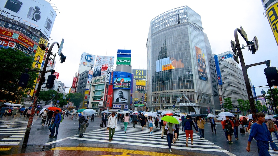 Shibuya Crossing featuring signage, street scenes and modern architecture