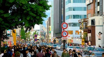 Harajuku which includes skyline, signage and street scenes