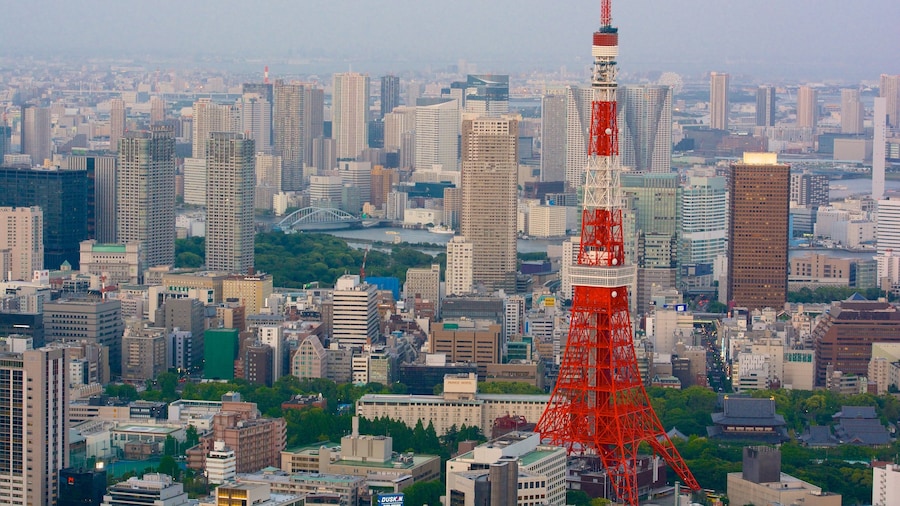 Tokyo Tower with its iconic red-and-white design overlooking the cityscape of Tokyo.