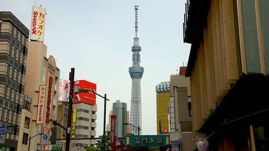 Tokyo Skytree towering above the cityscape with nearby urban buildings in Tokyo.