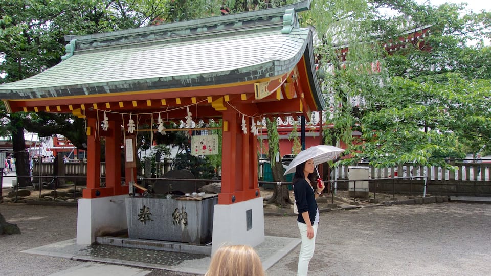 Asakusa Shrine featuring a temple or place of worship as well as an individual female
