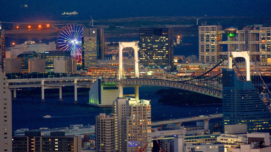 Tokyo caratteristiche di ponte, paesaggio notturno e architettura moderna