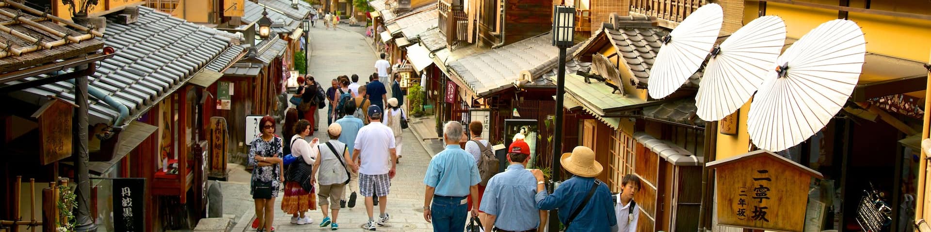 Sannenzaka Ninenzaka featuring a small town or village and street scenes as well as a large group of people