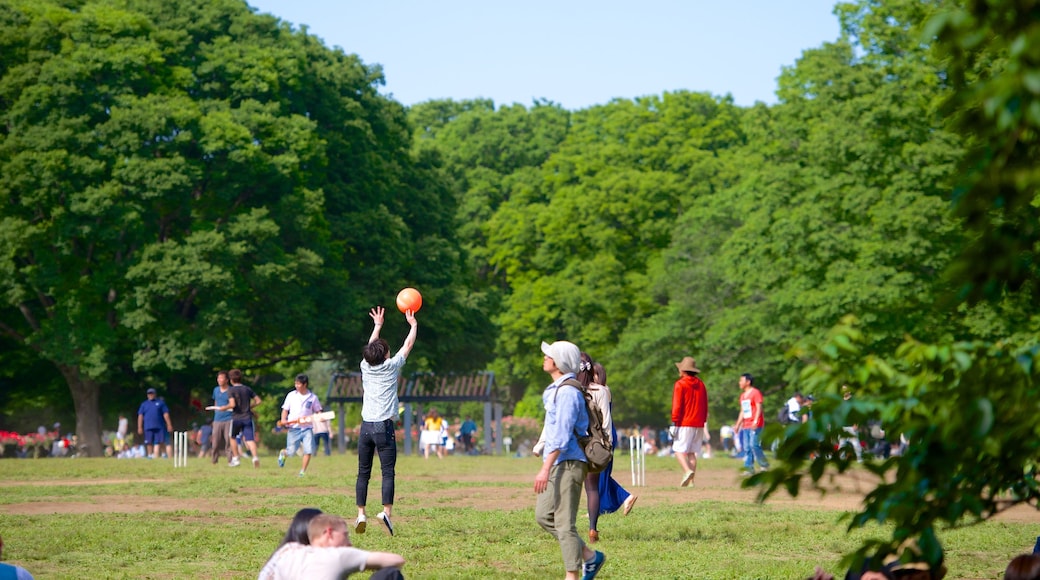 Yoyogi Park which includes landscape views and a garden as well as a large group of people