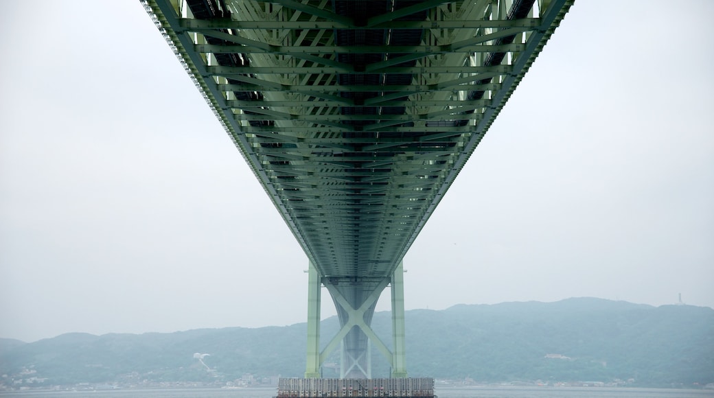 Akashi Kaikyo Bridge which includes general coastal views, modern architecture and mist or fog