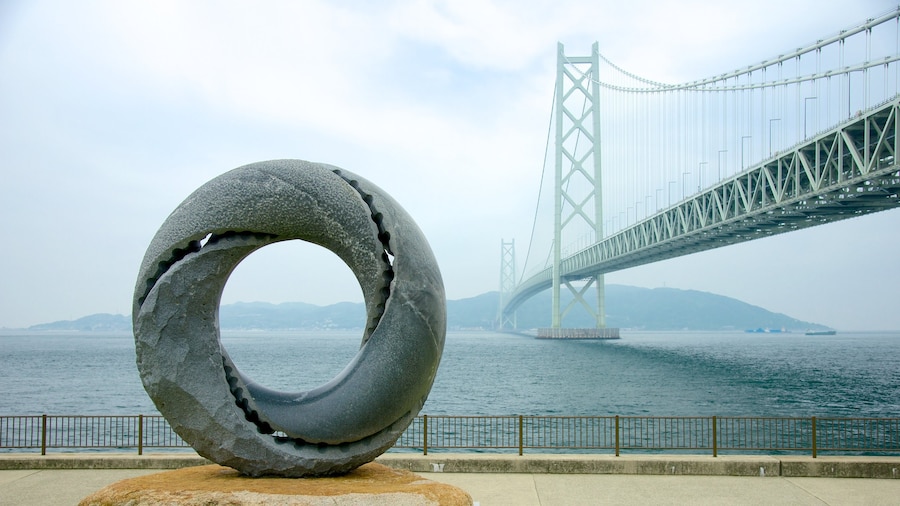 Akashi Kaikyo Bridge which includes general coastal views, modern architecture and art