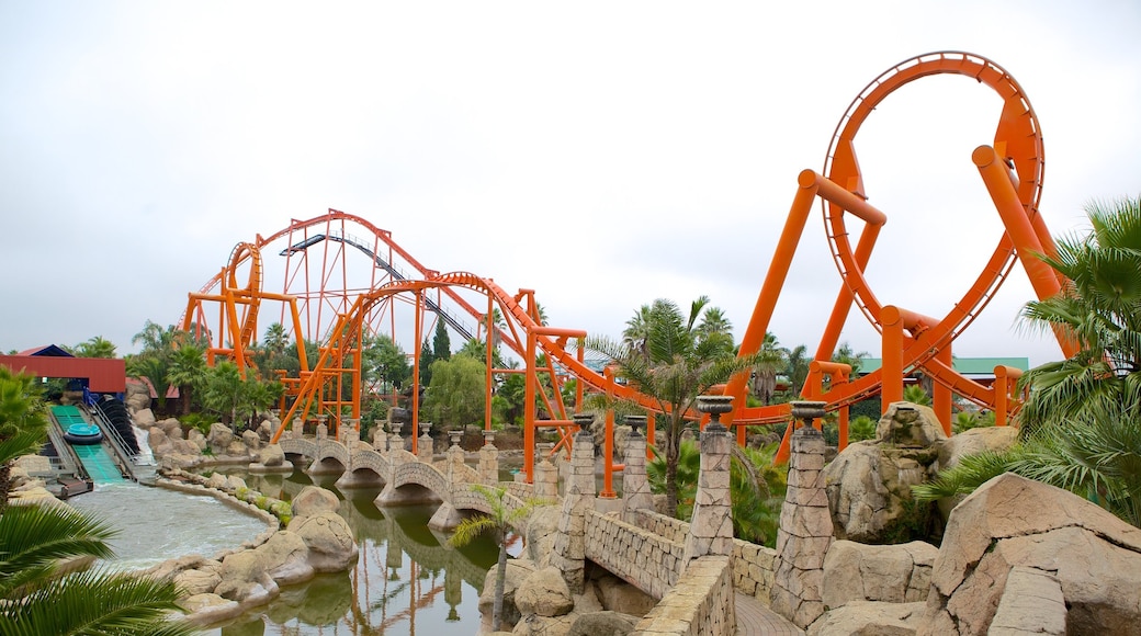 Gold Reef City showing rides, a pond and a park