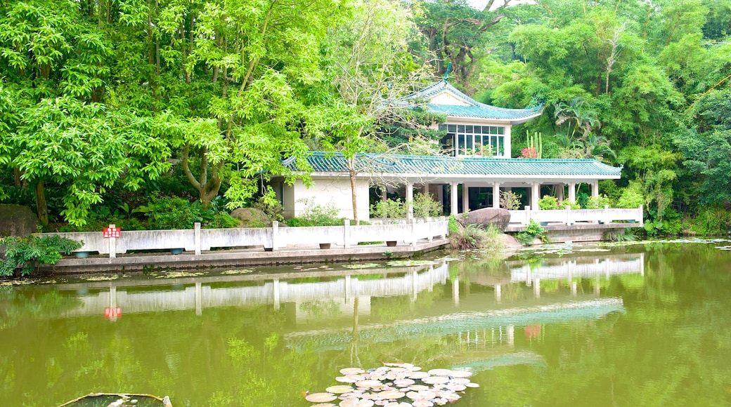 Wanshi Botanical Garden which includes a garden, a temple or place of worship and a pond