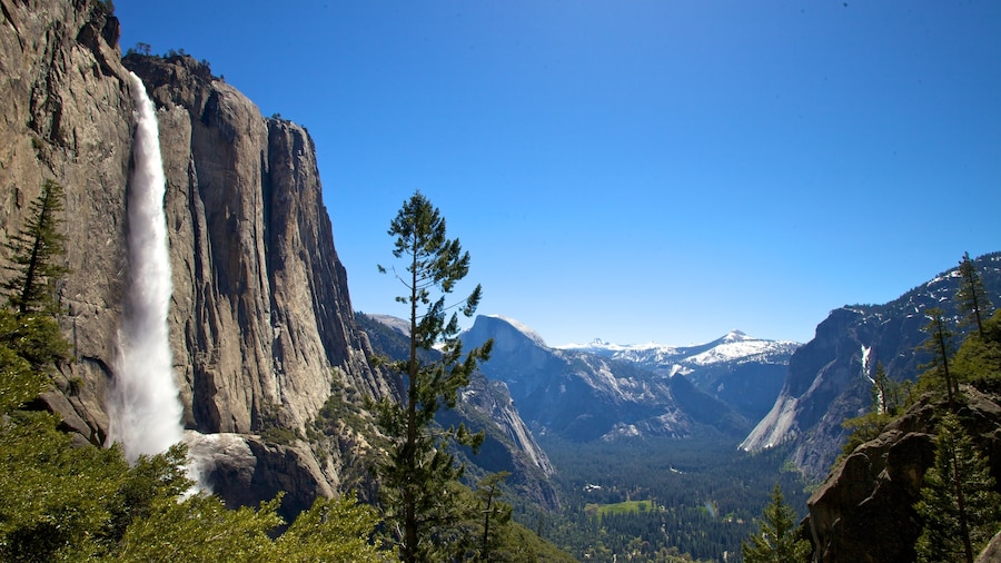 Yosemite Falls which includes a waterfall and mountains