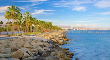 Limassol que incluye litoral rocoso y un atardecer