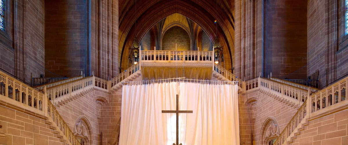 Liverpool Anglican Cathedral featuring religious elements, interior views and a church or cathedral