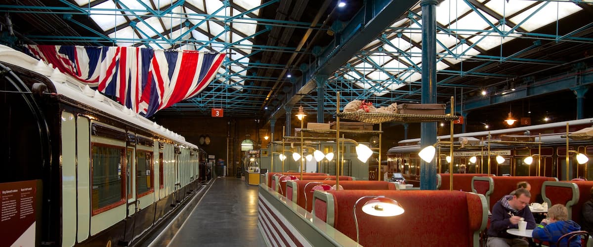 York National Railway Museum which includes cafe lifestyle, railway items and interior views