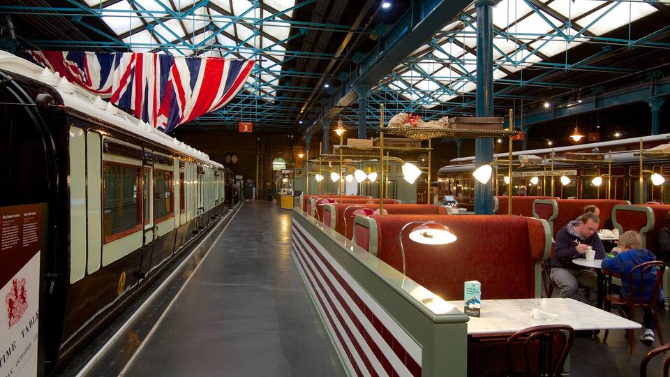 York National Railway Museum which includes cafe lifestyle, railway items and interior views