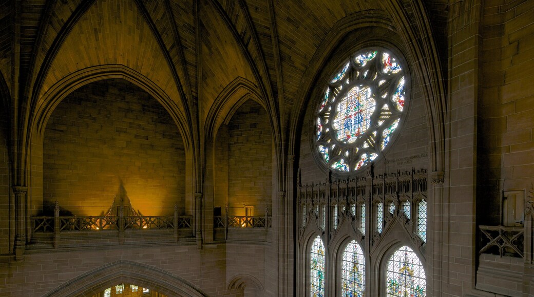 Liverpool Anglican Cathedral showing interior views, religious elements and a church or cathedral