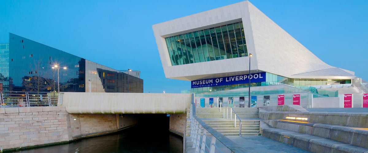 Museum of Liverpool showing modern architecture and a river or creek