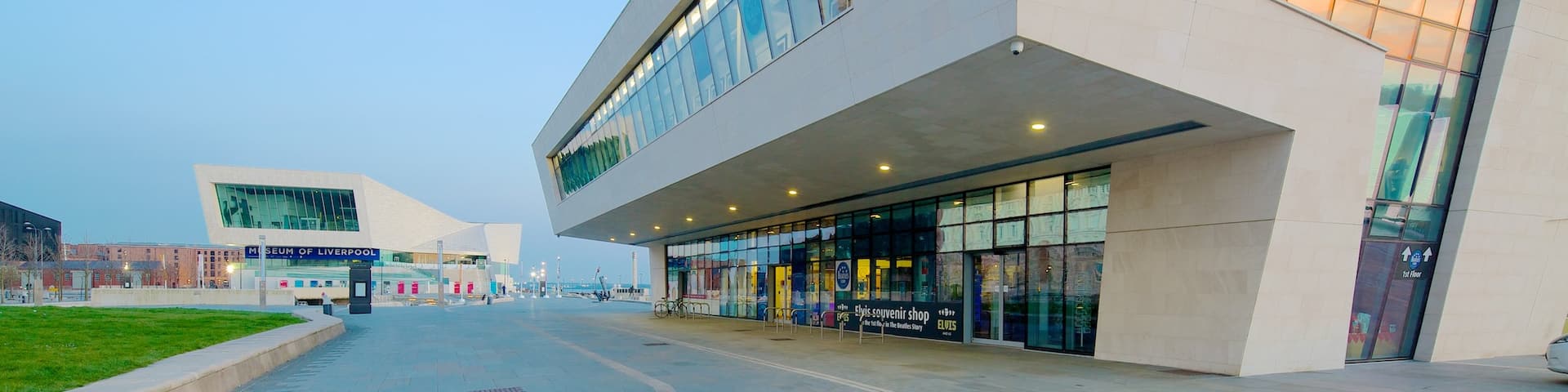 Liverpool featuring modern architecture and a sunset