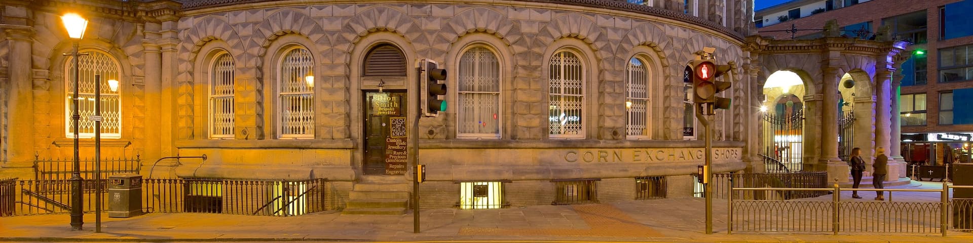 Corn Exchange which includes night scenes and heritage architecture