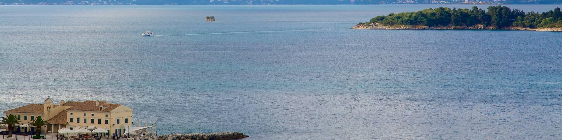 Mount Pantokrator featuring general coastal views, a coastal town and landscape views