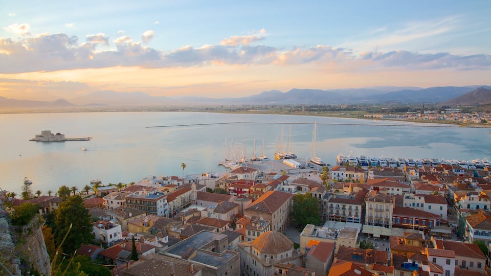 Nafplio showing a coastal town, heritage architecture and a marina