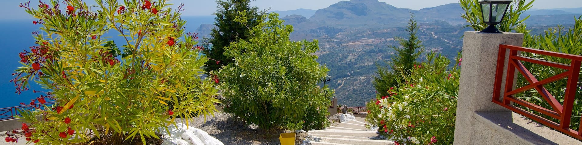 Tsambika Monastery which includes religious aspects, landscape views and flowers