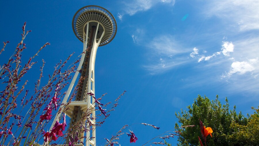 The Space Needle observation tower in Seattle, Washington, with flowers in the foreground.