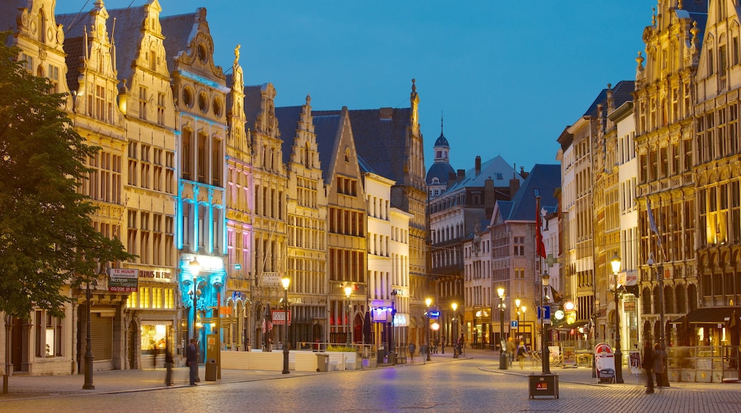 Belgium which includes a square or plaza and night scenes