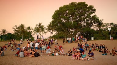 Mindil Beach showing a sunset and a sandy beach as well as a large group of people