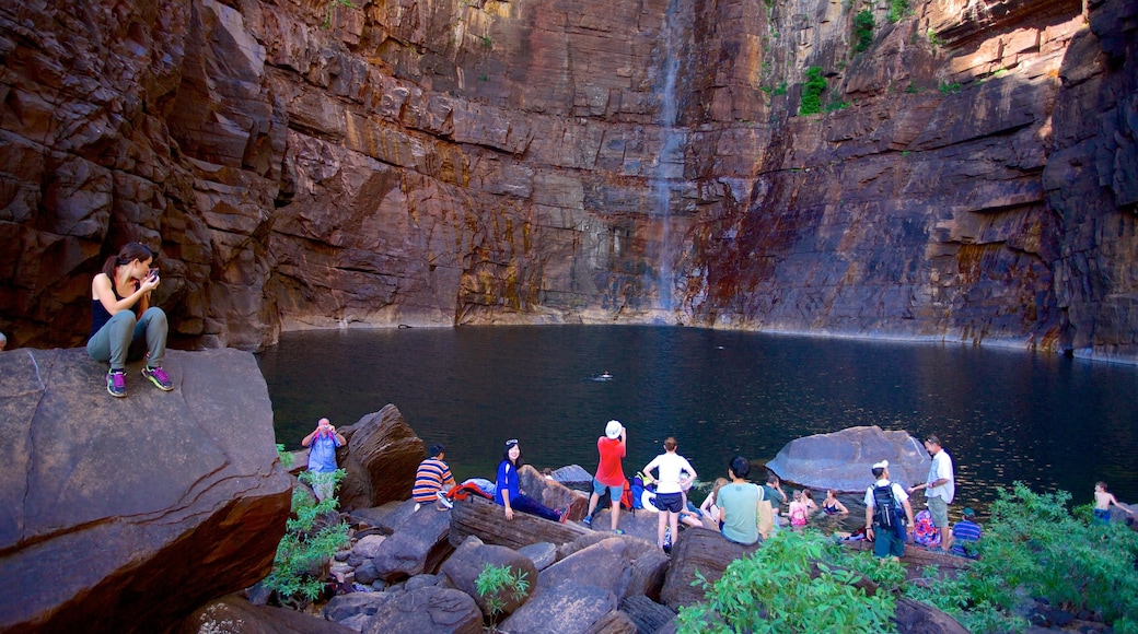 Jim Jim Falls which includes a gorge or canyon as well as a large group of people