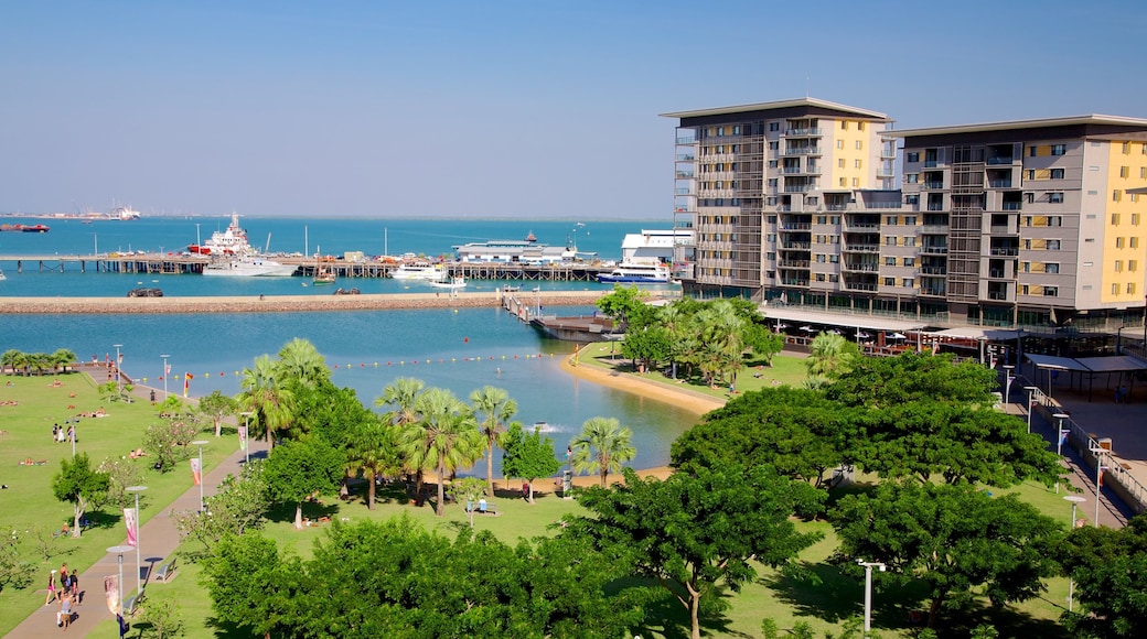 Darwin Waterfront showing a garden and a coastal town