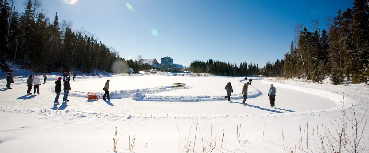 Saskatchewan ofreciendo nieve y patinaje sobre hielo y también un gran grupo de personas