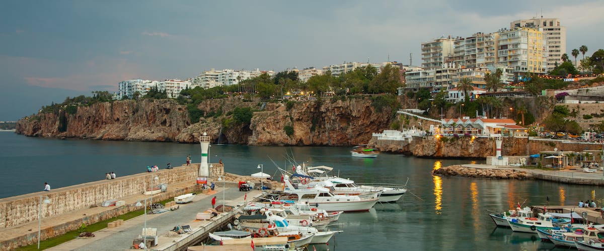 Antalya which includes a bay or harbor and a coastal town