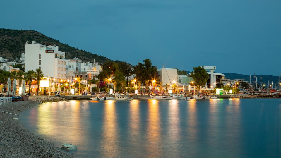 Playa de Bodrum ofreciendo escenas nocturnas y una playa de guijarros